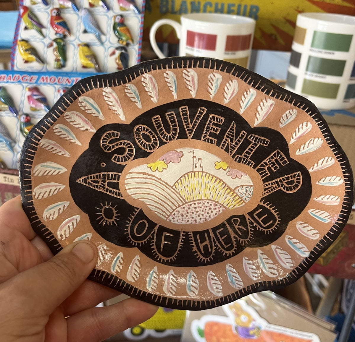 A SOUVENIER OF HERE Handmade small scraffito plate