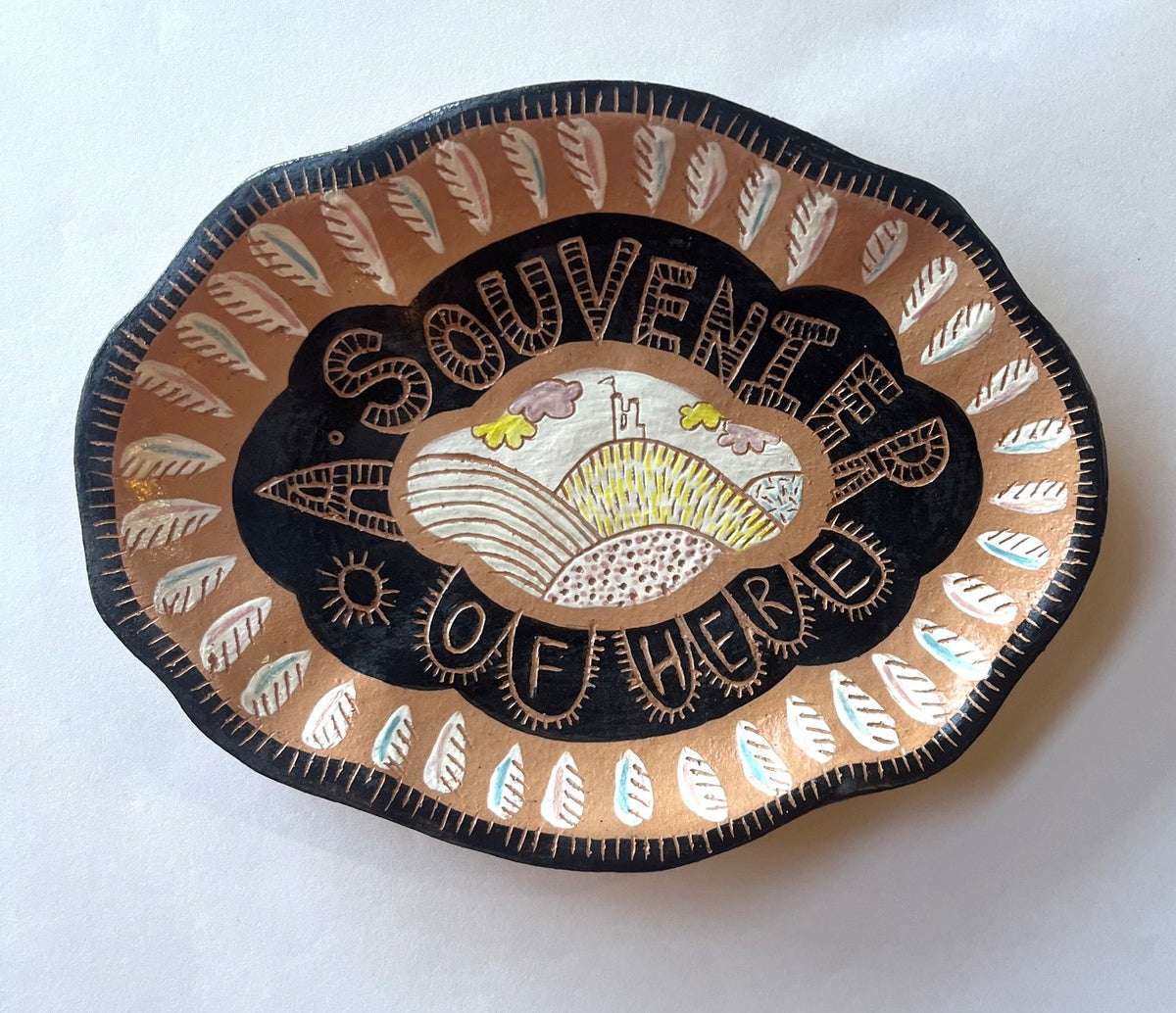 A SOUVENIER OF HERE Handmade small scraffito plate